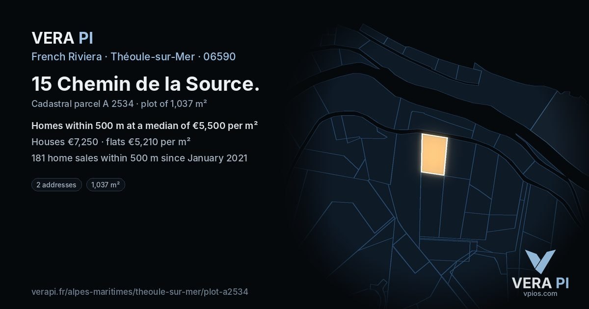 15 Chemin de la Source, Théoule-sur-Mer at night – the plot lit, the parcels around coloured by the prices near them