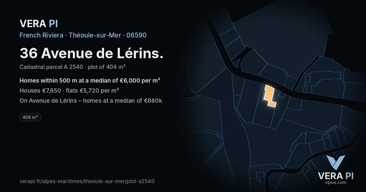 36 Avenue de Lérins, Théoule-sur-Mer at night – the plot lit, the parcels around coloured by the prices near them