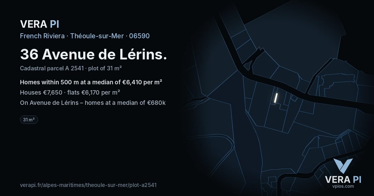 36 Avenue de Lérins, Théoule-sur-Mer at night – the plot lit, the parcels around coloured by the prices near them