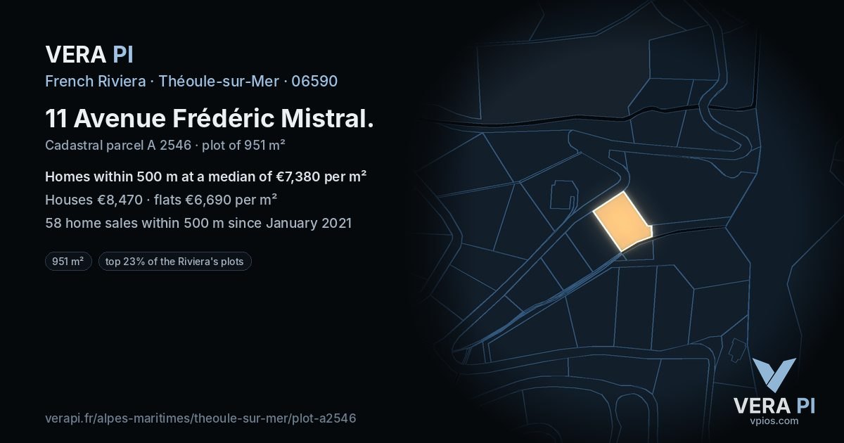 11 Avenue Frédéric Mistral, Théoule-sur-Mer at night – the plot lit, the parcels around coloured by the prices near them