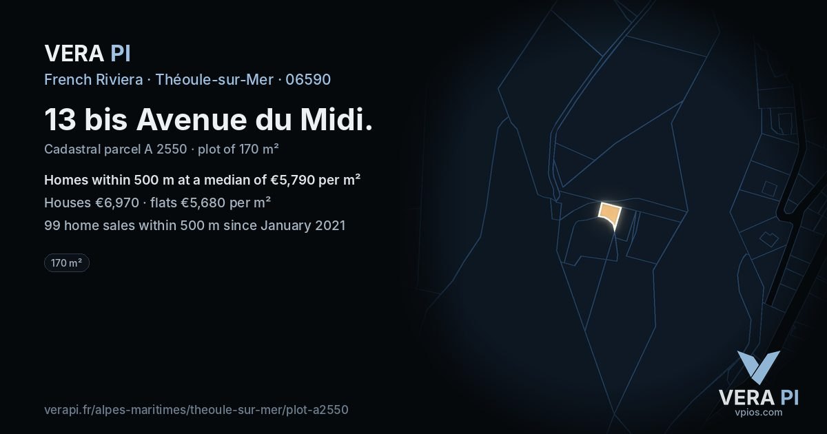 13 bis Avenue du Midi, Théoule-sur-Mer at night – the plot lit, the parcels around coloured by the prices near them