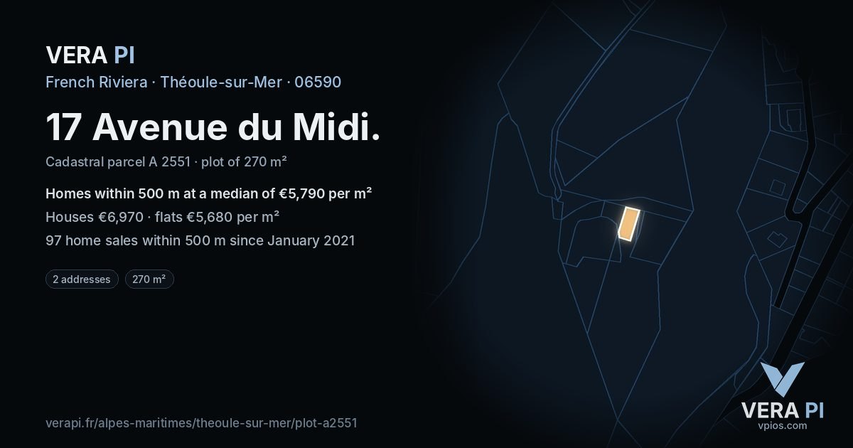 17 Avenue du Midi, Théoule-sur-Mer at night – the plot lit, the parcels around coloured by the prices near them