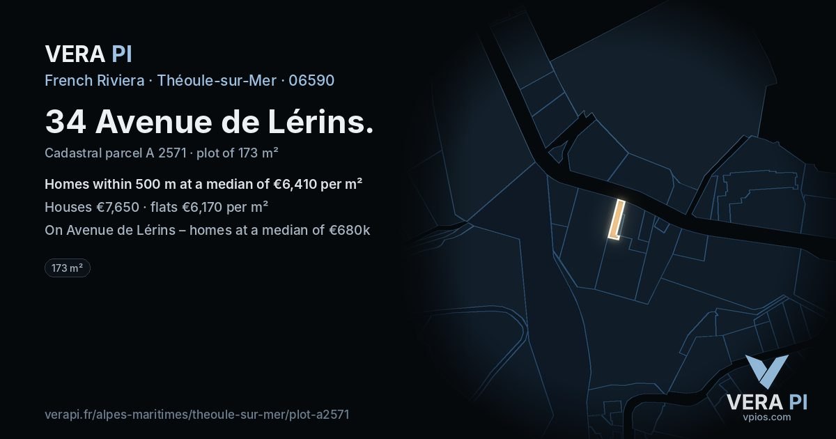 34 Avenue de Lérins, Théoule-sur-Mer at night – the plot lit, the parcels around coloured by the prices near them