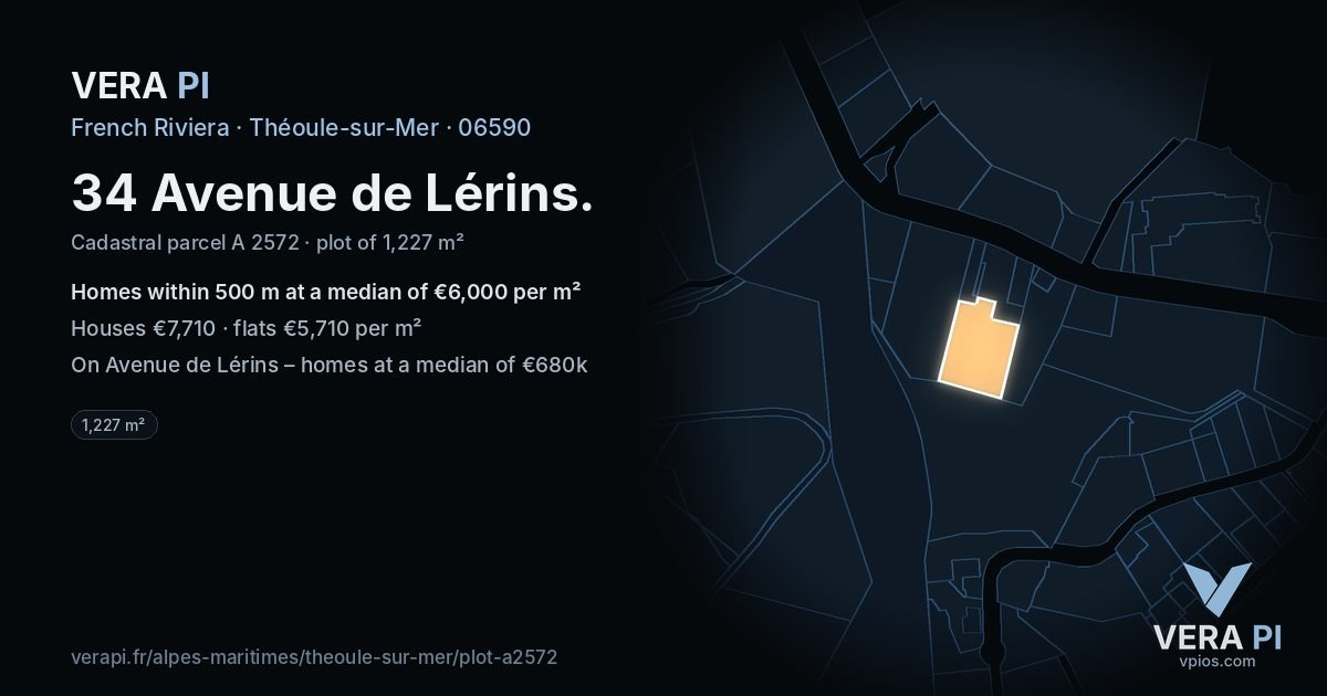 34 Avenue de Lérins, Théoule-sur-Mer at night – the plot lit, the parcels around coloured by the prices near them