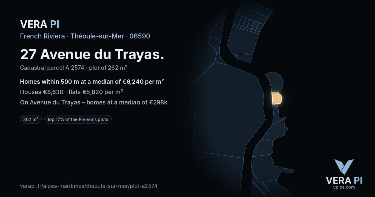 27 Avenue du Trayas, Théoule-sur-Mer at night – the plot lit, the parcels around coloured by the prices near them