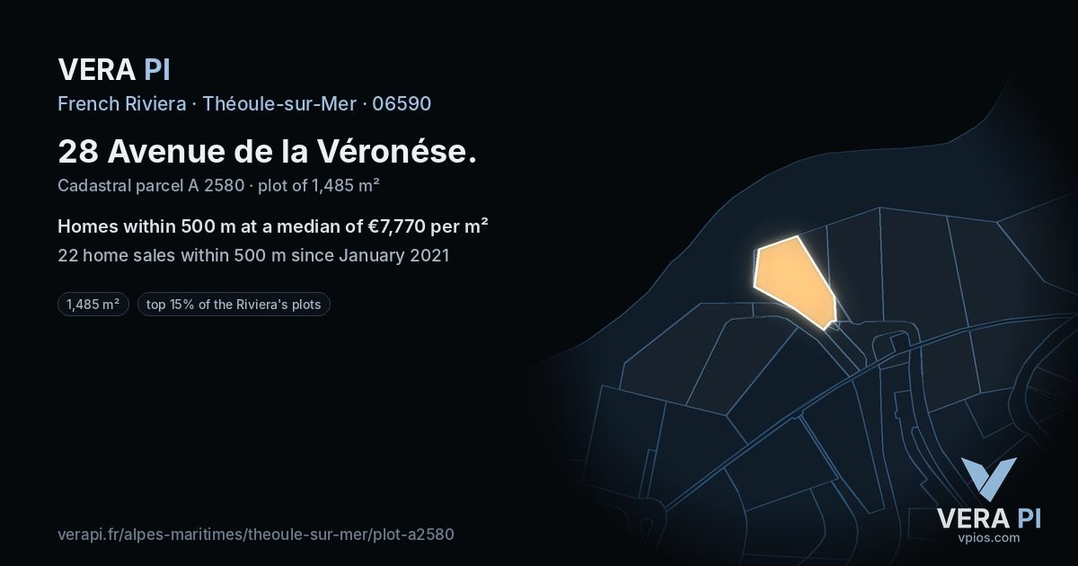 28 Avenue de la Véronése, Théoule-sur-Mer at night – the plot lit, the parcels around coloured by the prices near them