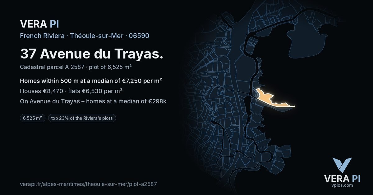 37 Avenue du Trayas, Théoule-sur-Mer at night – the plot lit, the parcels around coloured by the prices near them