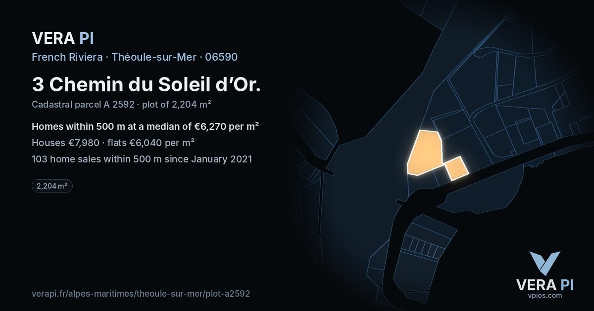 3 Chemin du Soleil d’Or, Théoule-sur-Mer at night – the plot lit, the parcels around coloured by the prices near them