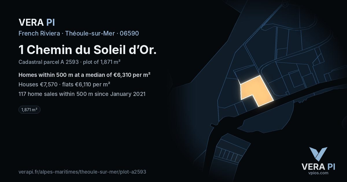 1 Chemin du Soleil d’Or, Théoule-sur-Mer at night – the plot lit, the parcels around coloured by the prices near them