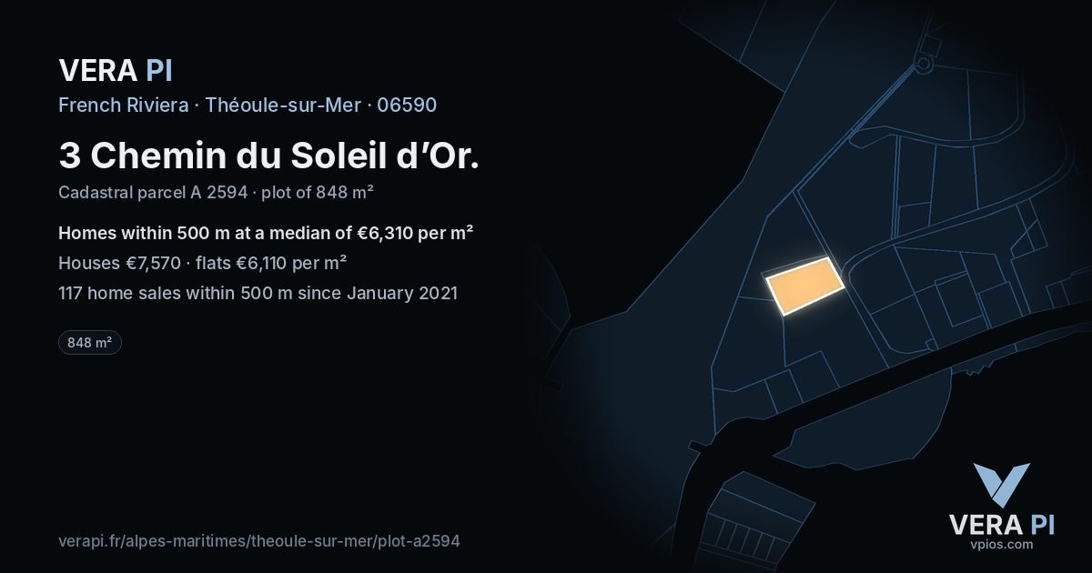 3 Chemin du Soleil d’Or, Théoule-sur-Mer at night – the plot lit, the parcels around coloured by the prices near them