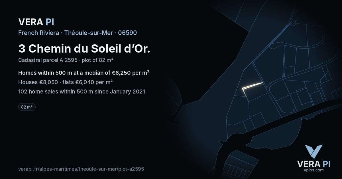 3 Chemin du Soleil d’Or, Théoule-sur-Mer at night – the plot lit, the parcels around coloured by the prices near them