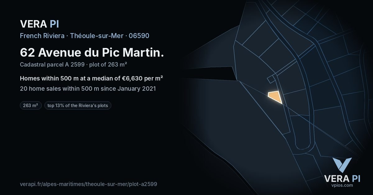 62 Avenue du Pic Martin, Théoule-sur-Mer at night – the plot lit, the parcels around coloured by the prices near them
