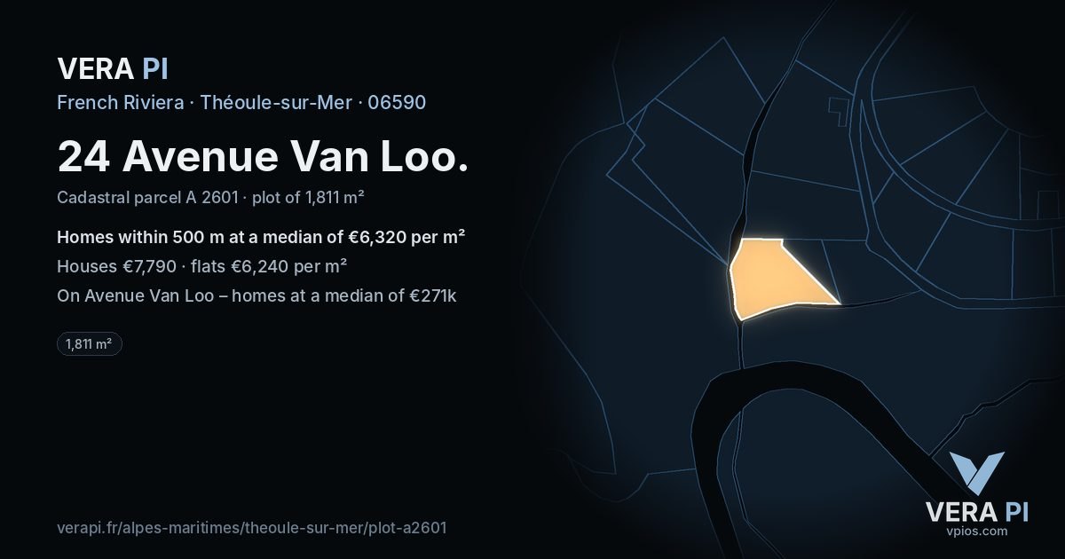 24 Avenue Van Loo, Théoule-sur-Mer at night – the plot lit, the parcels around coloured by the prices near them