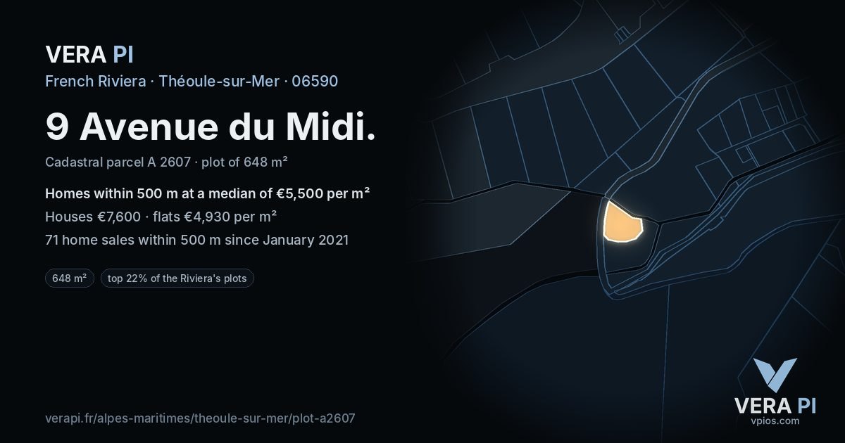 9 Avenue du Midi, Théoule-sur-Mer at night – the plot lit, the parcels around coloured by the prices near them