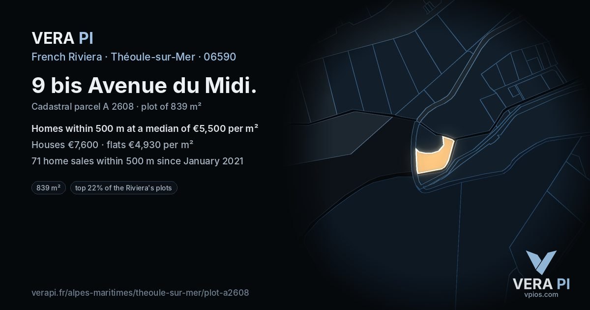 9 bis Avenue du Midi, Théoule-sur-Mer at night – the plot lit, the parcels around coloured by the prices near them