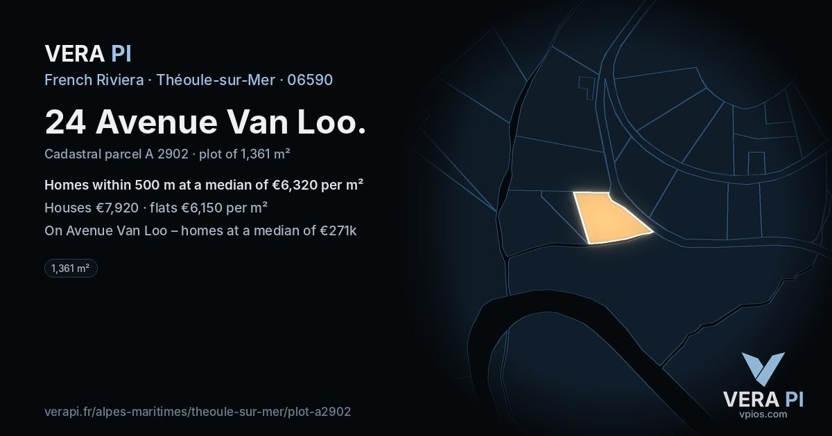 24 Avenue Van Loo, Théoule-sur-Mer at night – the plot lit, the parcels around coloured by the prices near them