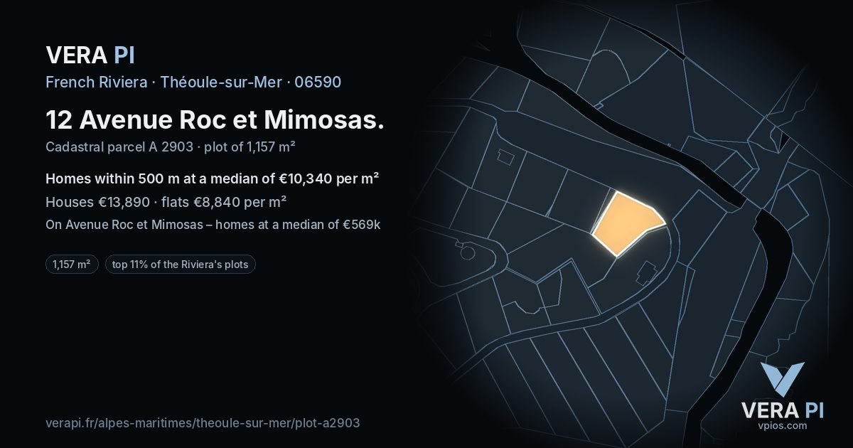 12 Avenue Roc et Mimosas, Théoule-sur-Mer at night – the plot lit, the parcels around coloured by the prices near them