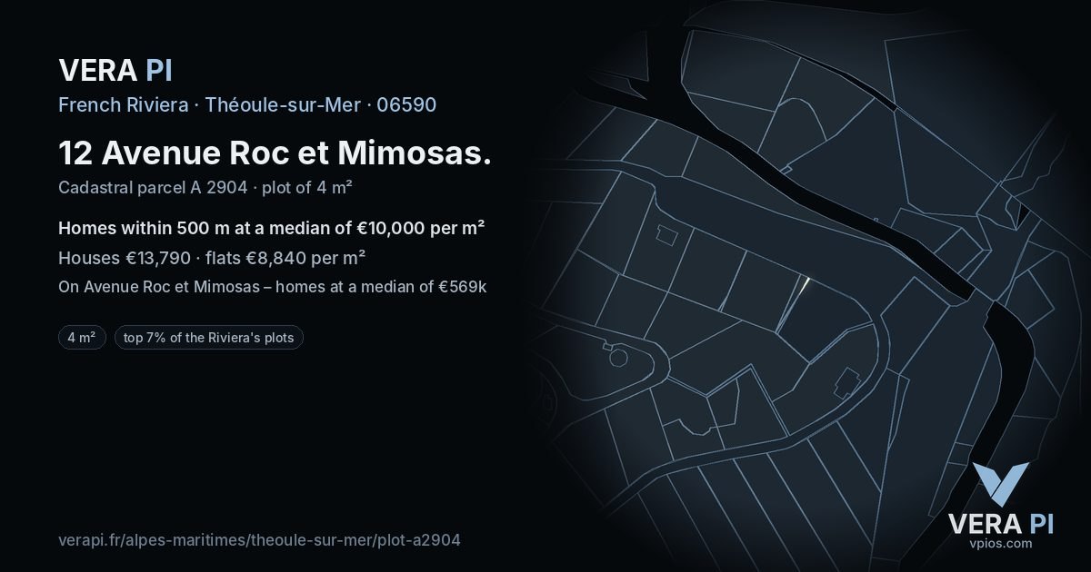 12 Avenue Roc et Mimosas, Théoule-sur-Mer at night – the plot lit, the parcels around coloured by the prices near them