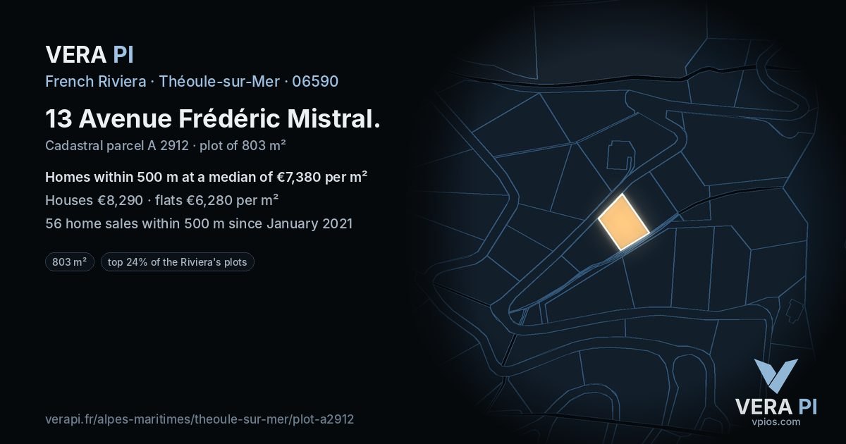 13 Avenue Frédéric Mistral, Théoule-sur-Mer at night – the plot lit, the parcels around coloured by the prices near them