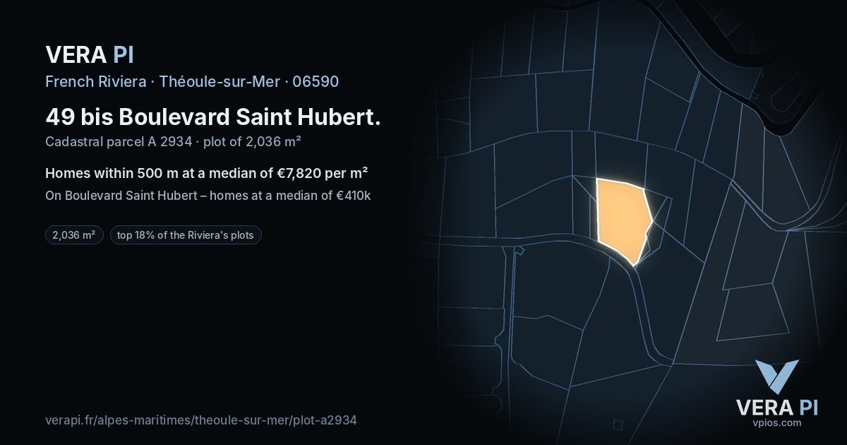 49 bis Boulevard Saint Hubert, Théoule-sur-Mer at night – the plot lit, the parcels around coloured by the prices near them