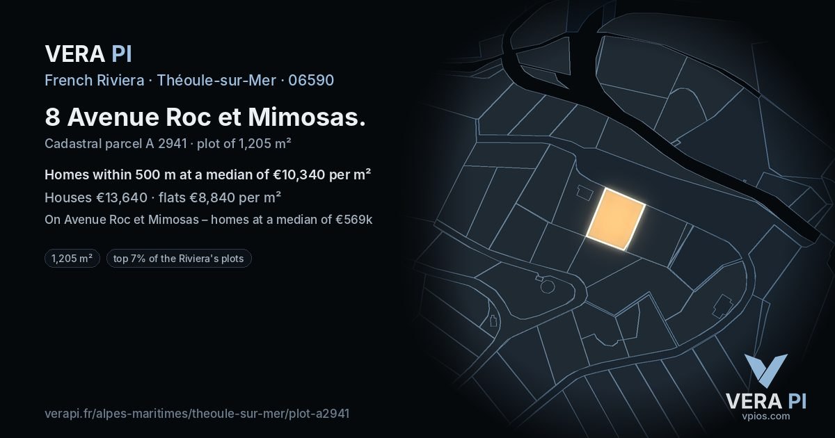 8 Avenue Roc et Mimosas, Théoule-sur-Mer at night – the plot lit, the parcels around coloured by the prices near them
