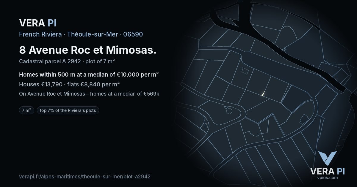 8 Avenue Roc et Mimosas, Théoule-sur-Mer at night – the plot lit, the parcels around coloured by the prices near them