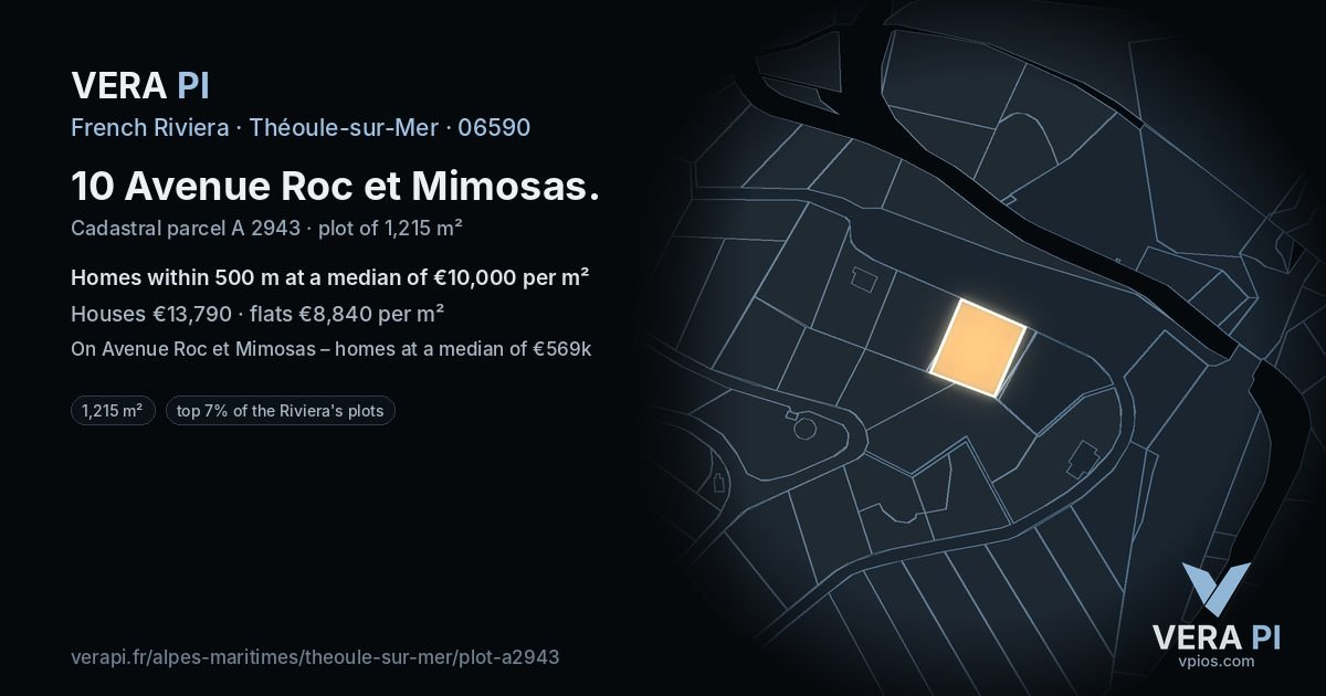 10 Avenue Roc et Mimosas, Théoule-sur-Mer at night – the plot lit, the parcels around coloured by the prices near them