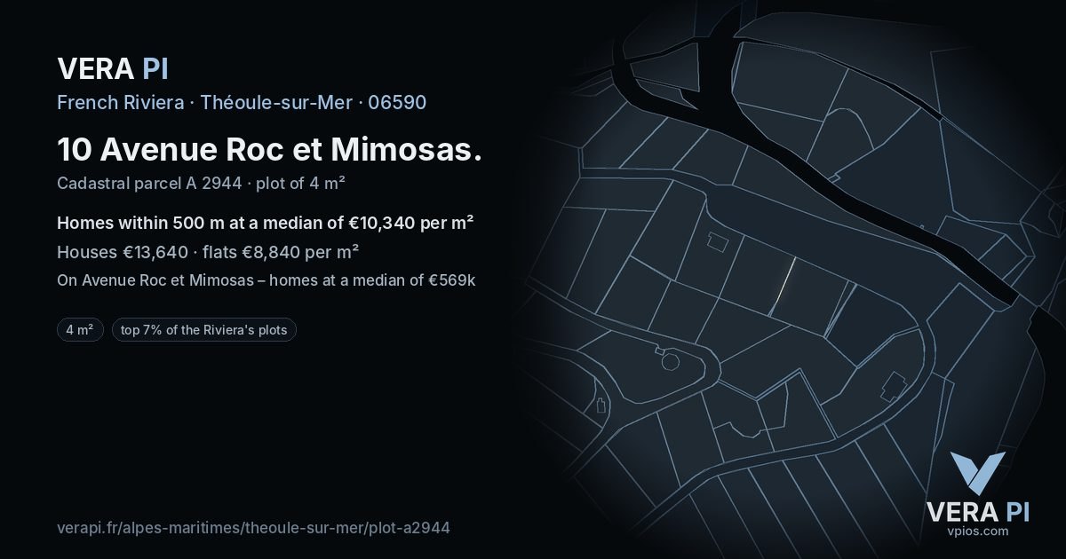 10 Avenue Roc et Mimosas, Théoule-sur-Mer at night – the plot lit, the parcels around coloured by the prices near them