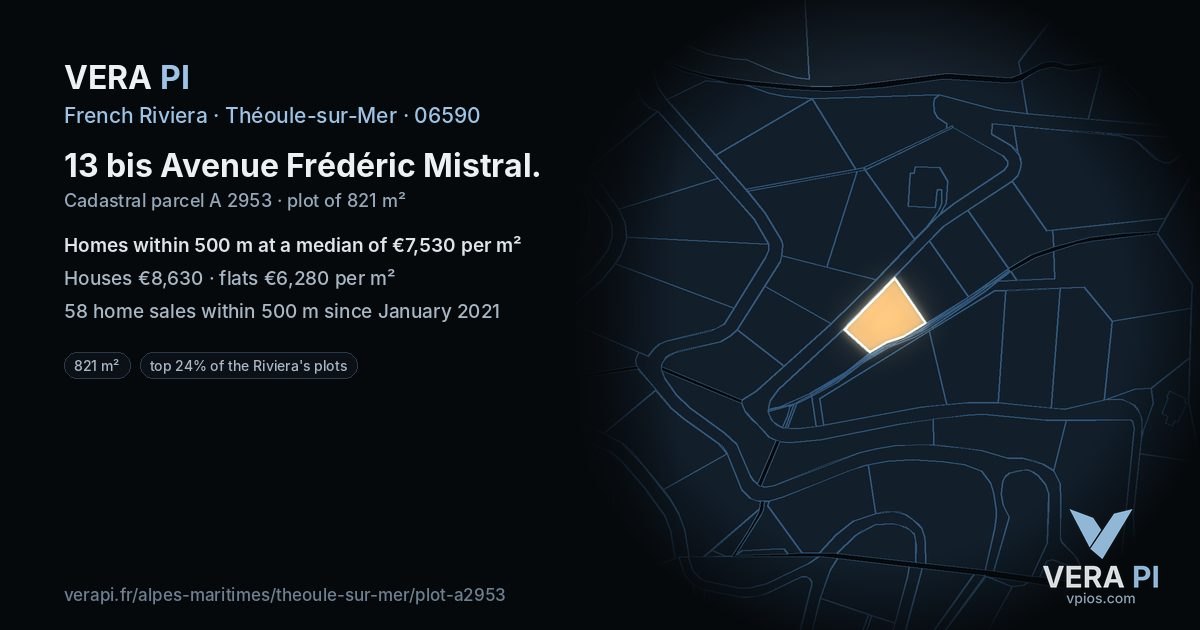13 bis Avenue Frédéric Mistral, Théoule-sur-Mer at night – the plot lit, the parcels around coloured by the prices near them