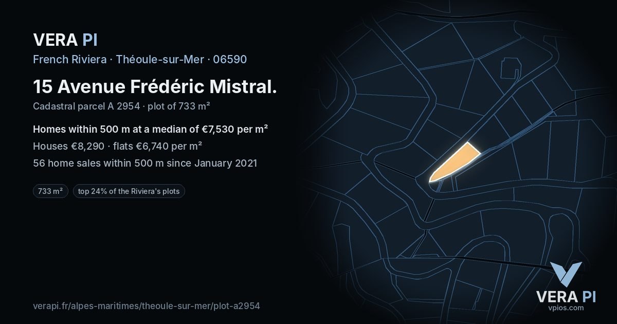 15 Avenue Frédéric Mistral, Théoule-sur-Mer at night – the plot lit, the parcels around coloured by the prices near them