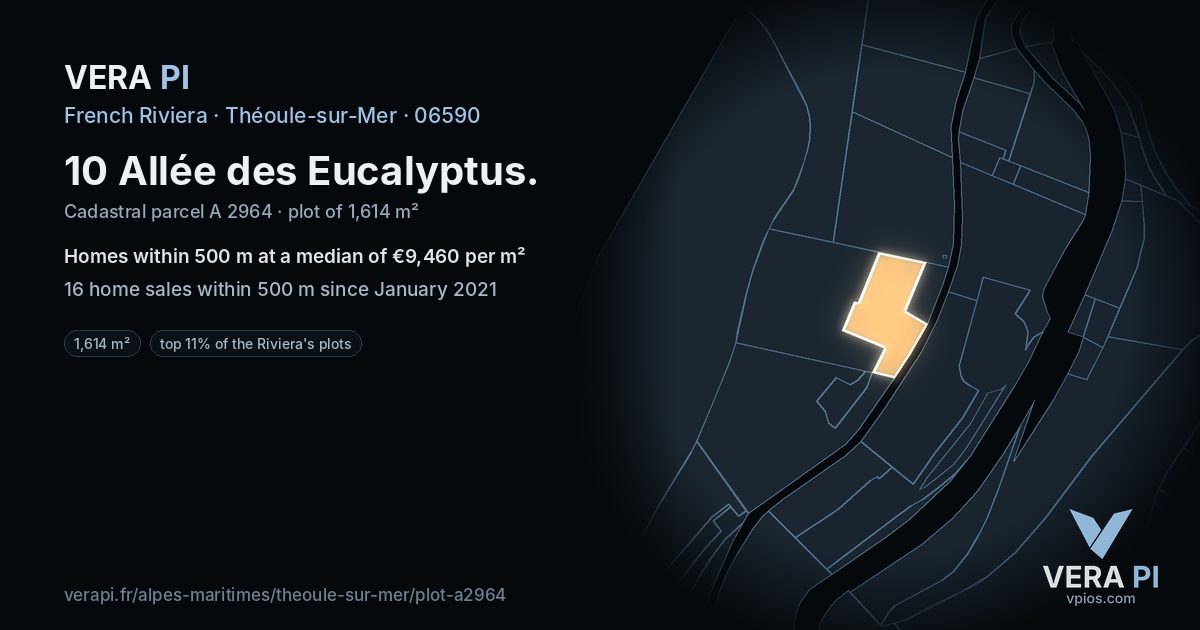 10 Allée des Eucalyptus, Théoule-sur-Mer at night – the plot lit, the parcels around coloured by the prices near them