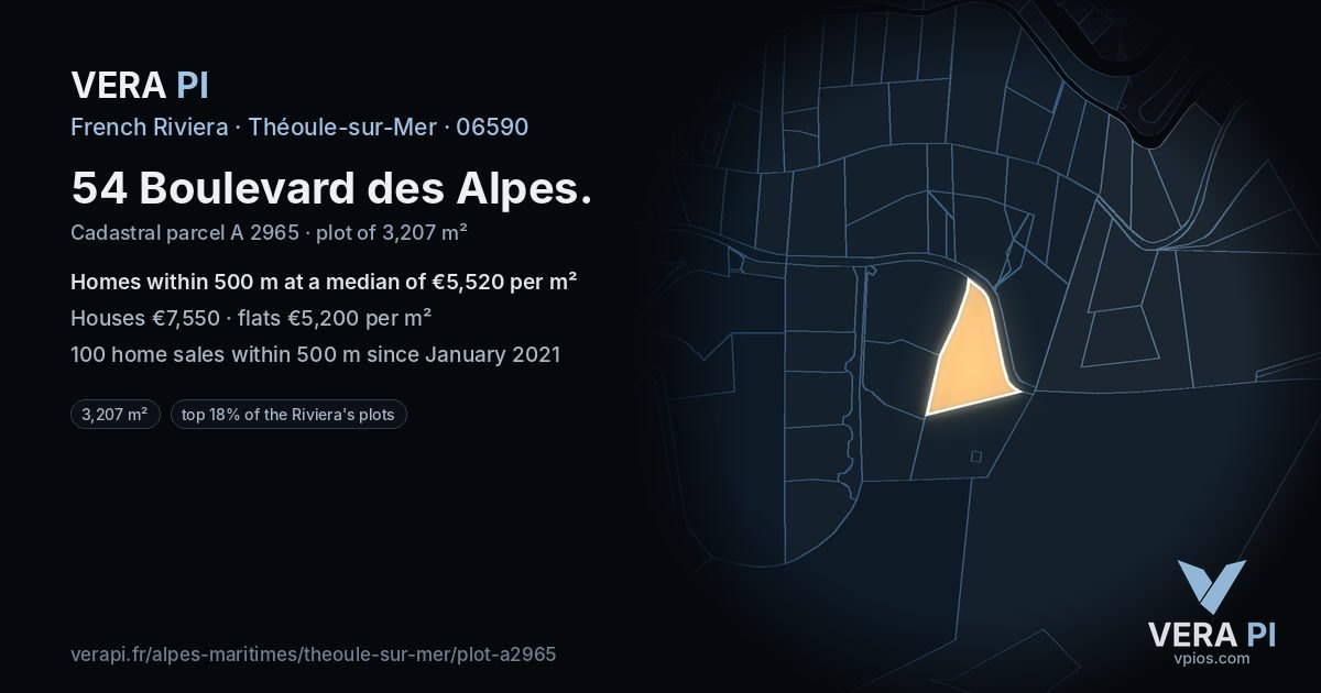 54 Boulevard des Alpes, Théoule-sur-Mer at night – the plot lit, the parcels around coloured by the prices near them