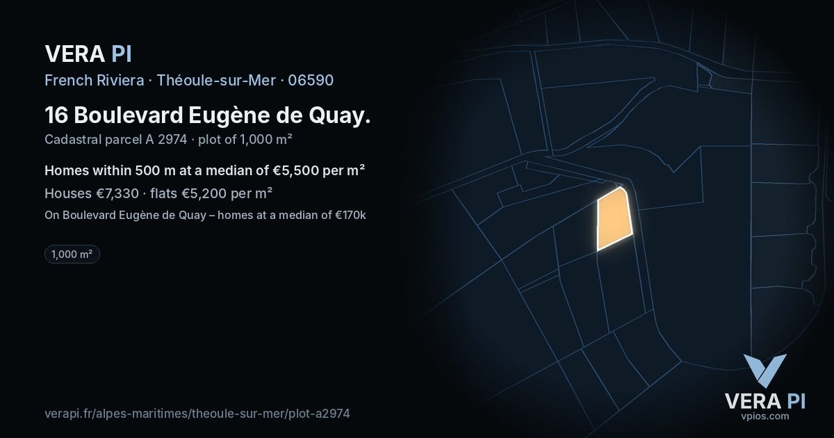 16 Boulevard Eugène de Quay, Théoule-sur-Mer at night – the plot lit, the parcels around coloured by the prices near them