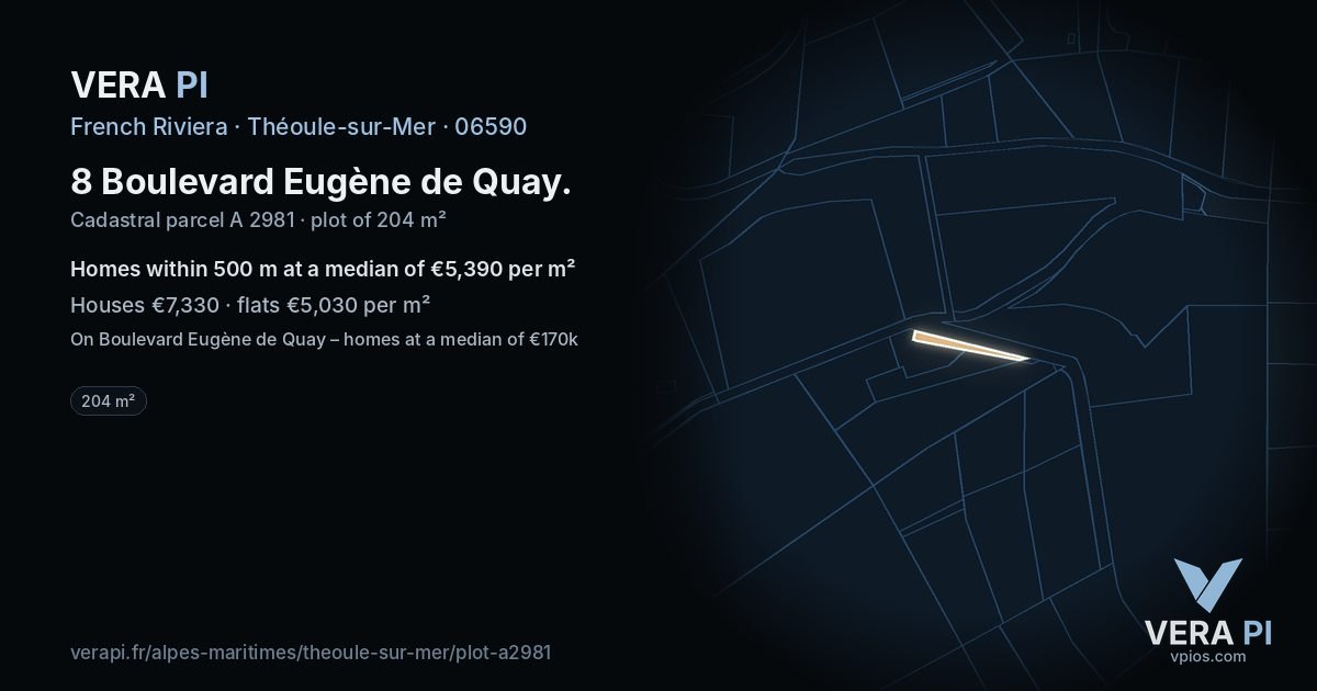 8 Boulevard Eugène de Quay, Théoule-sur-Mer at night – the plot lit, the parcels around coloured by the prices near them