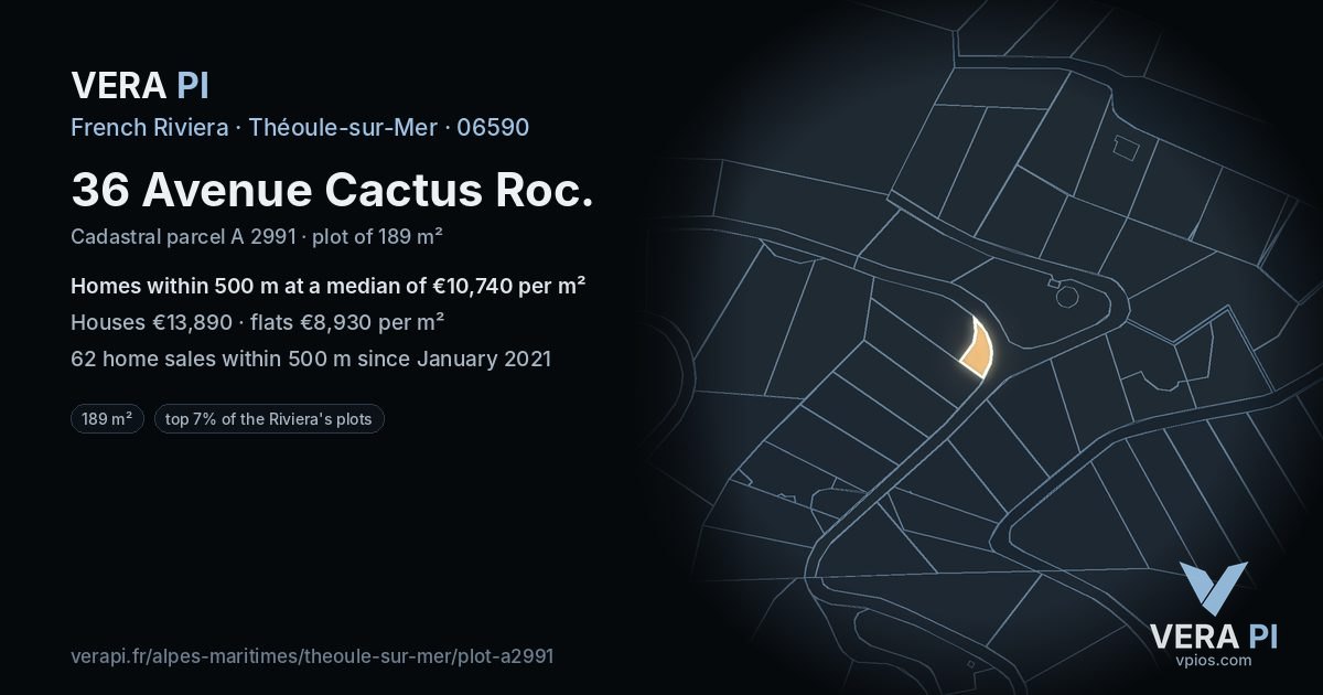 36 Avenue Cactus Roc, Théoule-sur-Mer at night – the plot lit, the parcels around coloured by the prices near them