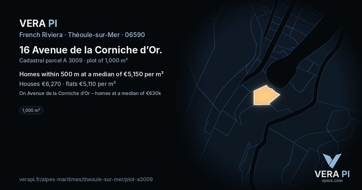 16 Avenue de la Corniche d’Or, Théoule-sur-Mer at night – the plot lit, the parcels around coloured by the prices near them