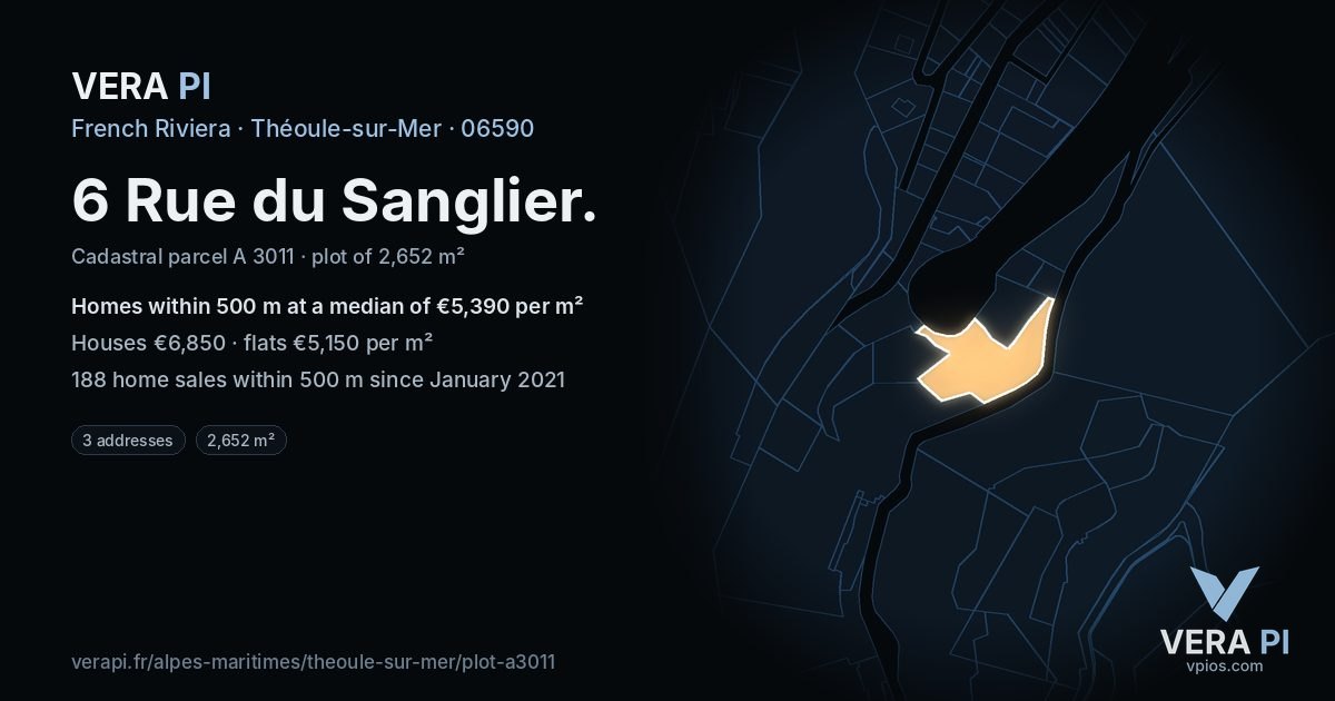 6 Rue du Sanglier, Théoule-sur-Mer at night – the plot lit, the parcels around coloured by the prices near them