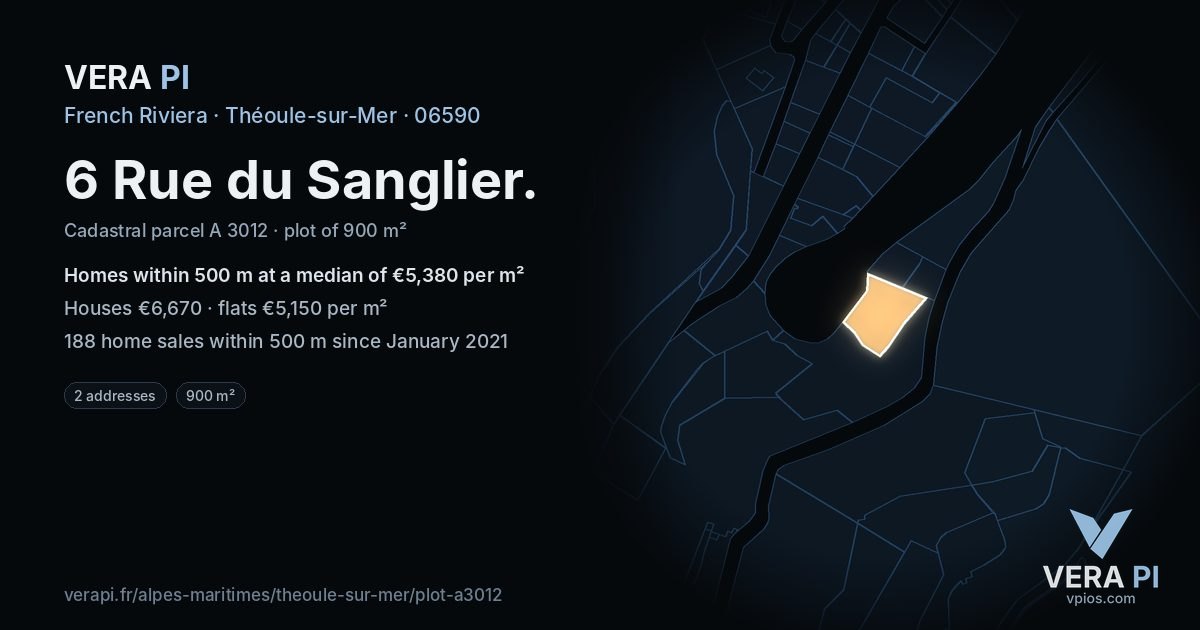 6 Rue du Sanglier, Théoule-sur-Mer at night – the plot lit, the parcels around coloured by the prices near them