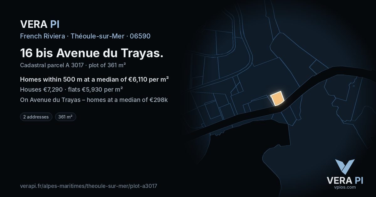 16 bis Avenue du Trayas, Théoule-sur-Mer at night – the plot lit, the parcels around coloured by the prices near them