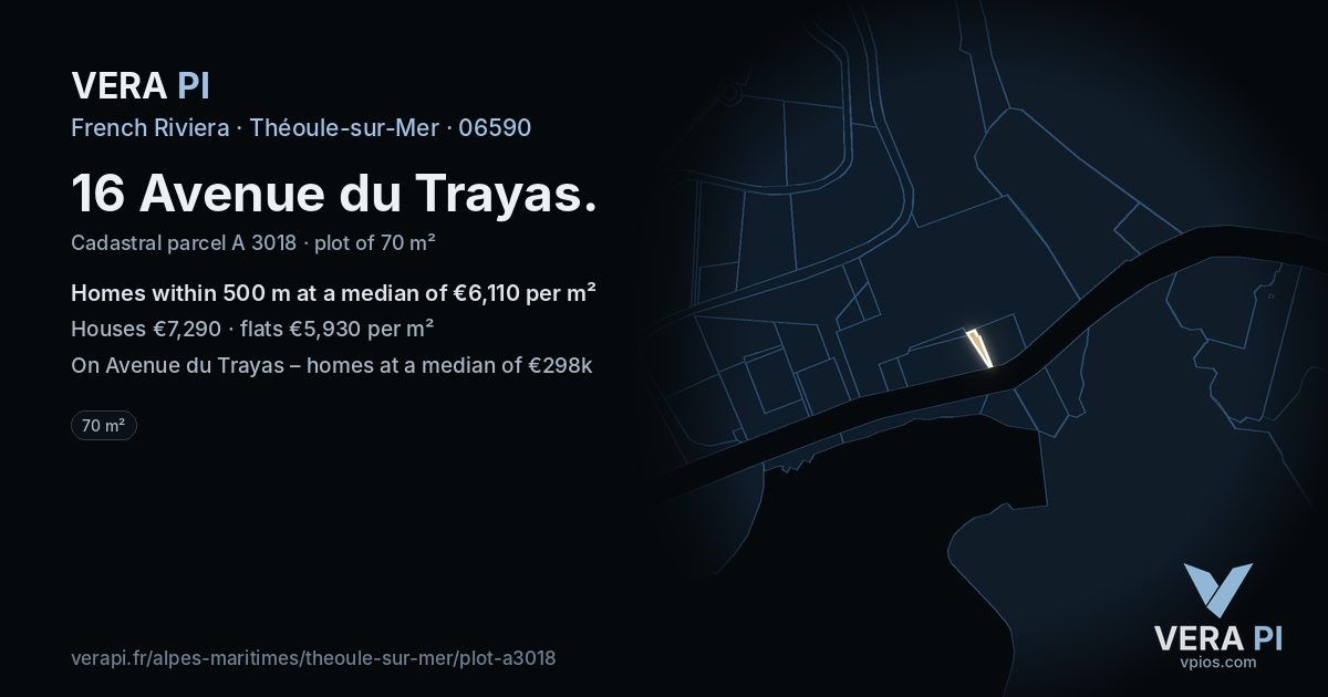 16 Avenue du Trayas, Théoule-sur-Mer at night – the plot lit, the parcels around coloured by the prices near them