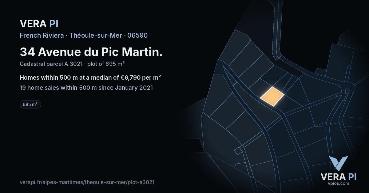 34 Avenue du Pic Martin, Théoule-sur-Mer at night – the plot lit, the parcels around coloured by the prices near them