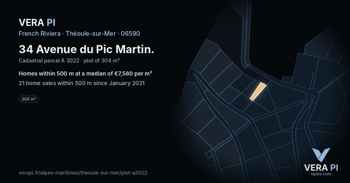 34 Avenue du Pic Martin, Théoule-sur-Mer at night – the plot lit, the parcels around coloured by the prices near them