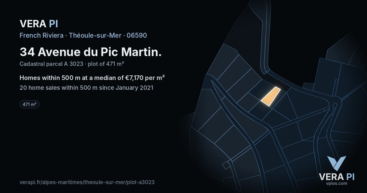 34 Avenue du Pic Martin, Théoule-sur-Mer at night – the plot lit, the parcels around coloured by the prices near them