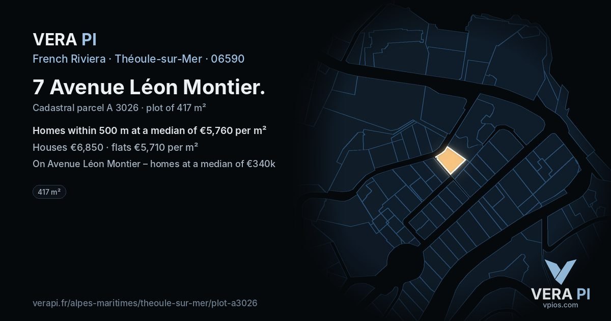 7 Avenue Léon Montier, Théoule-sur-Mer at night – the plot lit, the parcels around coloured by the prices near them