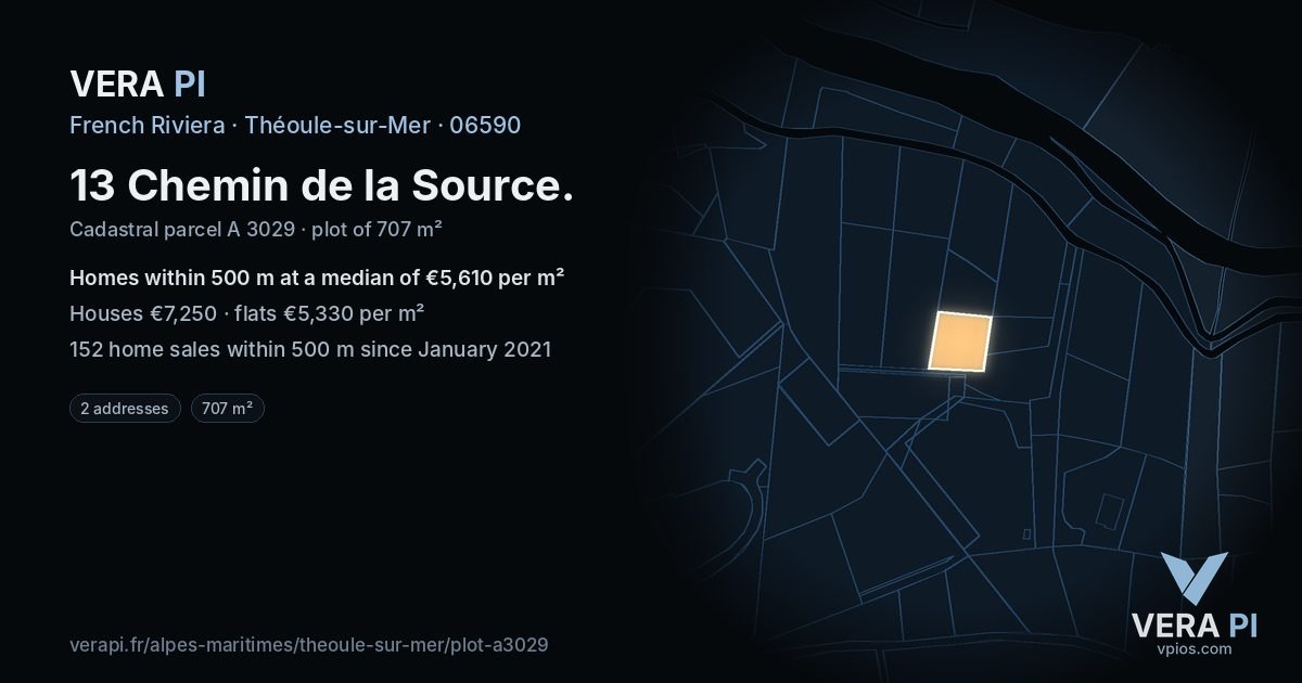 13 Chemin de la Source, Théoule-sur-Mer at night – the plot lit, the parcels around coloured by the prices near them