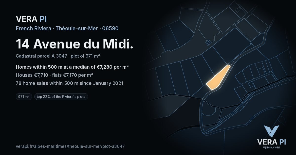 14 Avenue du Midi, Théoule-sur-Mer at night – the plot lit, the parcels around coloured by the prices near them