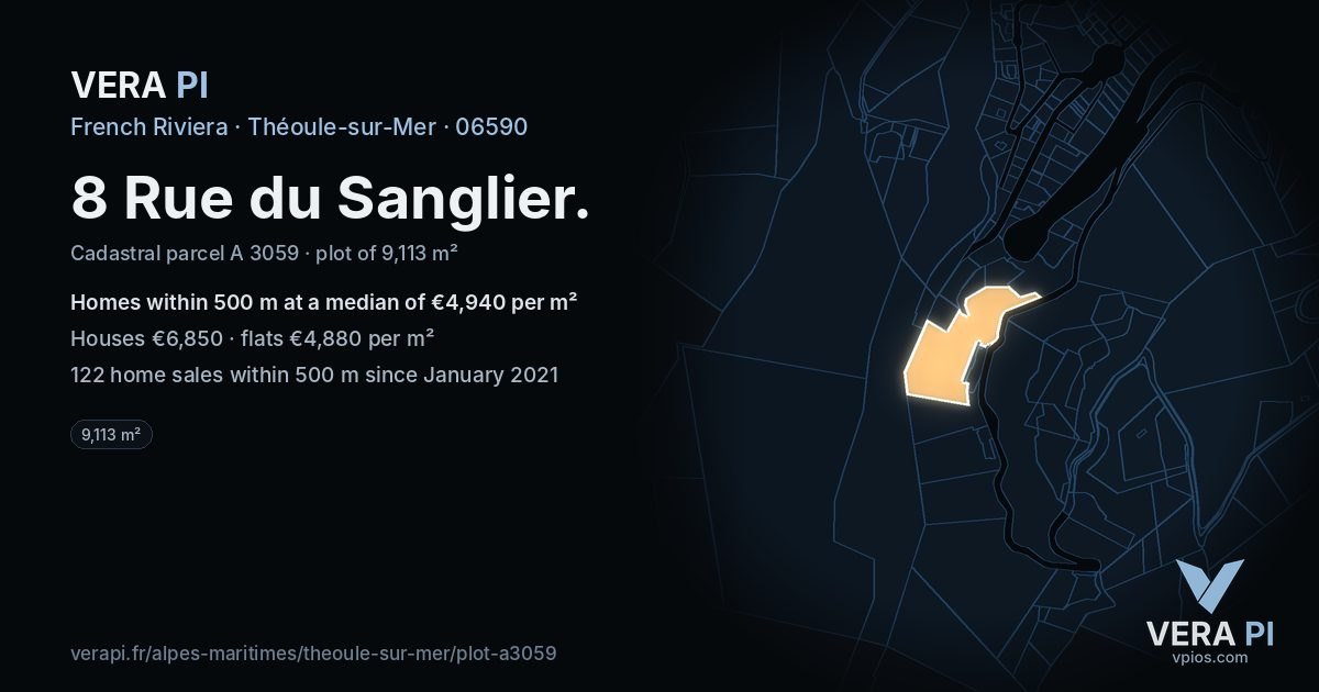 8 Rue du Sanglier, Théoule-sur-Mer at night – the plot lit, the parcels around coloured by the prices near them