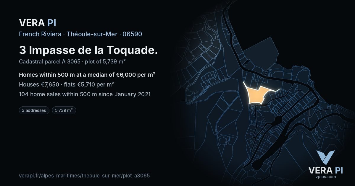 3 Impasse de la Toquade, Théoule-sur-Mer at night – the plot lit, the parcels around coloured by the prices near them