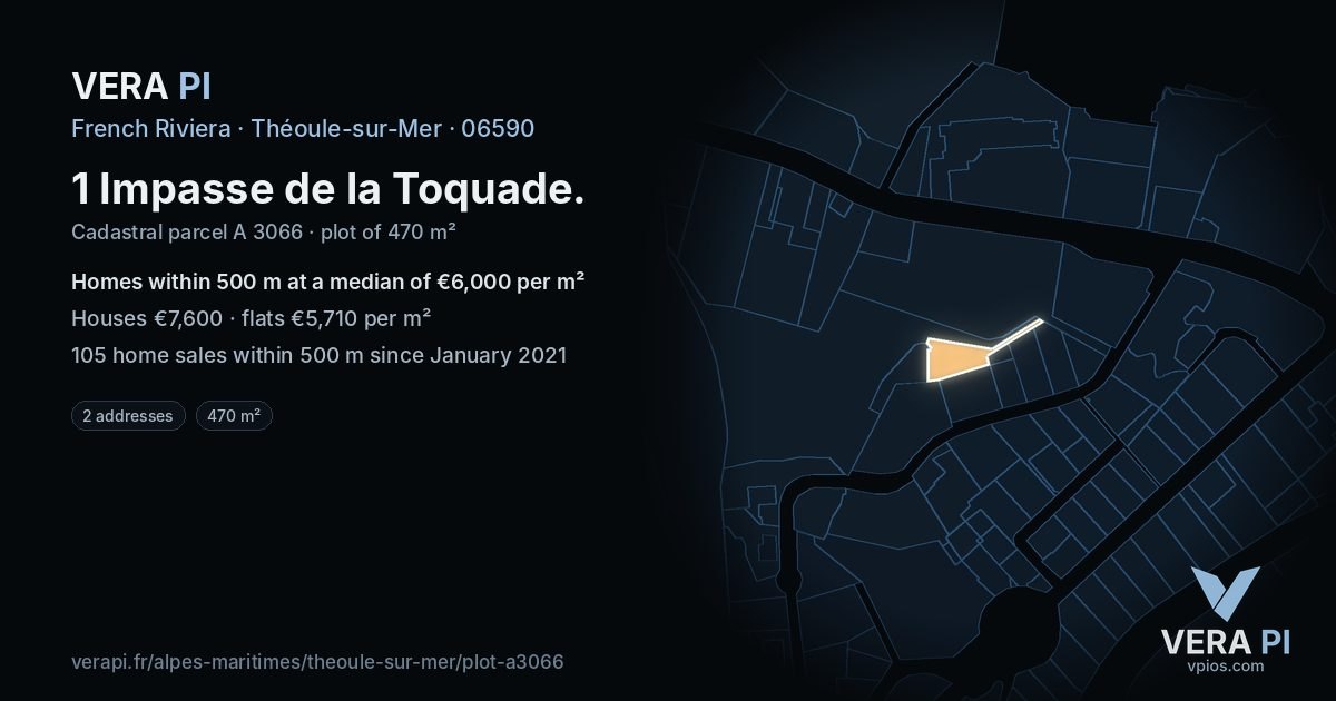 1 Impasse de la Toquade, Théoule-sur-Mer at night – the plot lit, the parcels around coloured by the prices near them