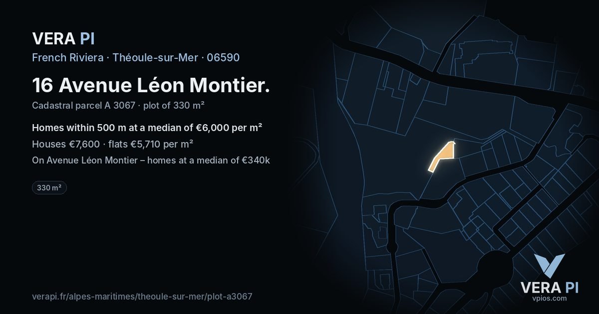 16 Avenue Léon Montier, Théoule-sur-Mer at night – the plot lit, the parcels around coloured by the prices near them